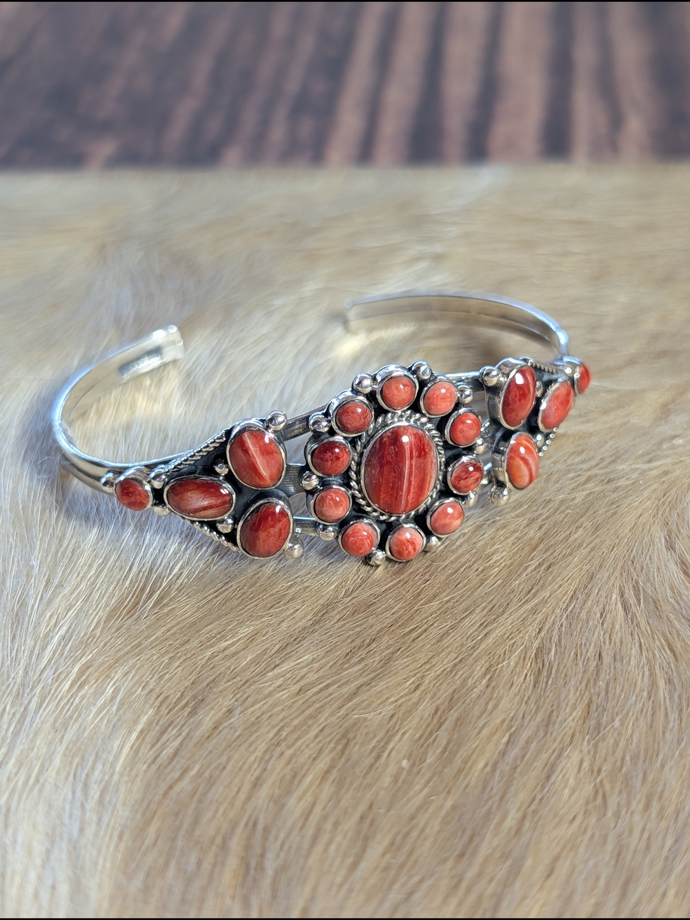 Red Coral Floral Cluster Sterling Silver Statement Bracelet